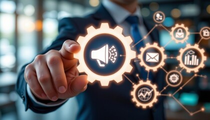 "Describe an image featuring a person's hand, slightly out of focus, pointing to a prominent, glowing white gear icon that contains a megaphone symbol