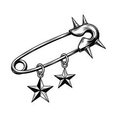Safety Pin With Spiked Edges And Star Charms On White Keywords: safety pin, spiked, studs, punk