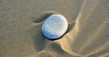 Smooth stone rests upon golden sand. Light creates subtle shadows, highlighting texture, simplicity. Peaceful scene evokes calm feelings.
