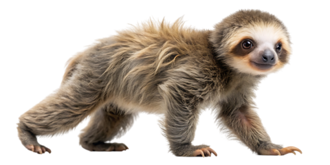 Adorable young sloth walking slowly on a black backdrop side view cute animal