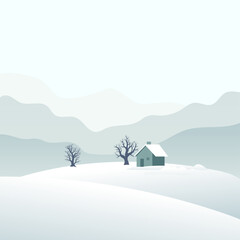 Flat vector illustration of a house in the snow with trees on a background of mountains