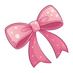 Vector illustration of a pink decorative bow with white polka dots. Cute glossy ribbon isolated on white background, elegant girly accessory perfect for gifts, celebration design, packaging