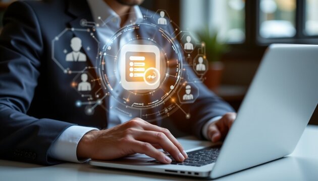 Businessman touching a virtual screen with his hand and business icons on a transparent glass interface for an online job form, customer service, or human resources