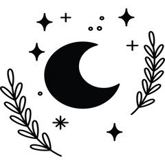 Whimsical Black Crescent Moon Surrounded by Stars and Delicate Botanical Sprigs Against a Transparent Background Hand Drawn Style