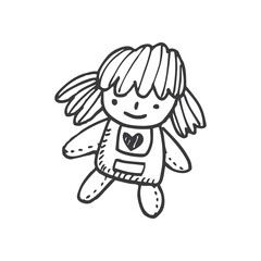 Whimsical Hand Drawn Line Art Illustration of a Cute Baby Doll with Pigtails and a Heart Emblem on its Bib Set Against a Transparent Background Ideal for Childrens Designs