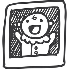 Whimsical Hand Drawn Sketch of a Joyful Baby Face Smiling Wide with Open Arms Against a Textured Hatch Background in a Framed Polaroid Photo Style