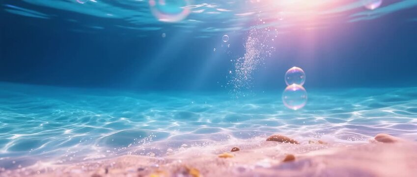 Man swimming underwater in the blue ocean with sunlight reflection