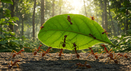 A group of ants working together to lift a large leaf on a tropical forest floor under sunlight