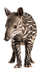 Fototapeta premium Adorable baby tapir with striped coat walking isolated view of young wild animal