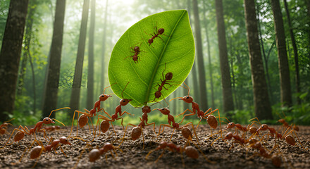 A group of ants working together to lift a large leaf on a tropical forest floor under sunlight
