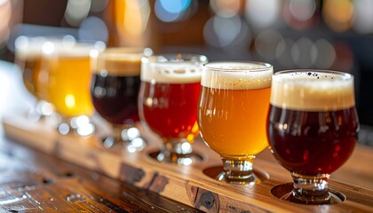 A vibrant-hued craft-beer flight, diverse brews with frothy-textured heads in small glasses, arranged on a rustic wooden paddle – delightful tasting