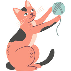 Playful Calico Cat with Blue Yarn Ball on Transparent Background Brightly Lit Studio Portrait