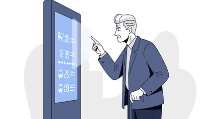 Elderly man in suit interacting with a digital bus schedule display, pointing at the screen.