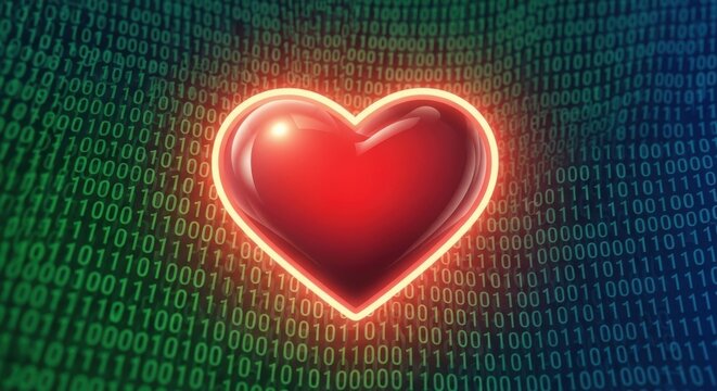 Digital heart with binary code background, representing love and technology - Powered by Adobe