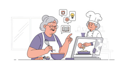 Elderly woman learning to cook from online tutorial with chef