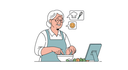Smiling Elderly Woman Cooking with Tablet Recipe Online