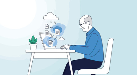 Smiling senior man in blue shirt with glasses using laptop for cloud data management.