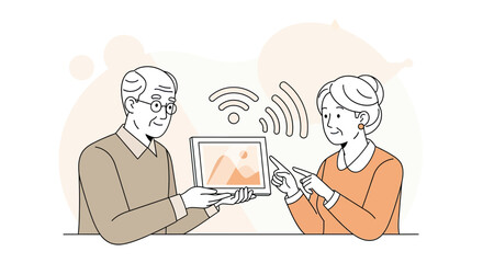 Smiling senior couple, man holding tablet, woman pointing, sharing digital content with Wi-Fi.