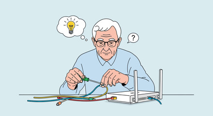 Elderly man with glasses and white hair trying to fix a Wi-Fi router with a screwdriver, looking confused.