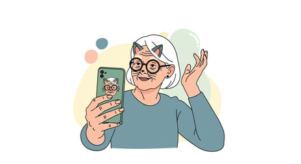 Happy senior woman with cat filter taking selfie on smartphone, showing playful expression.