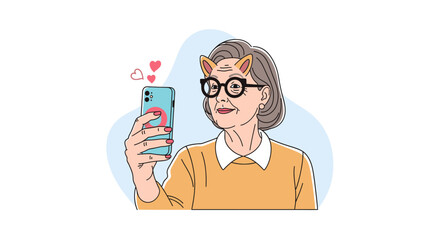 Cartoon older woman with cat ears filter taking selfie on smartphone