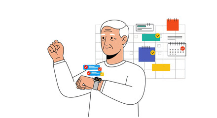 Elderly man checking smart watch with calendar and task notifications