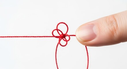 Closeup of a finger touching a red string tied in a knot isolated on white background
