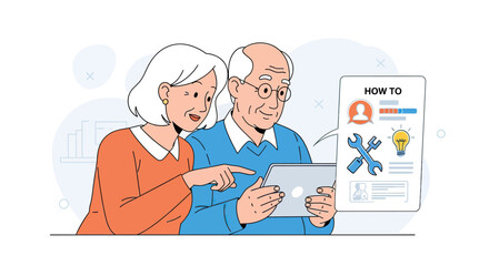 Senior Couple Using Tablet with "How To" Guide, Digital Literacy