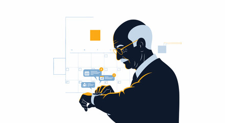Elderly man in dark suit and glasses checking smartwatch, modern flat illustration style.