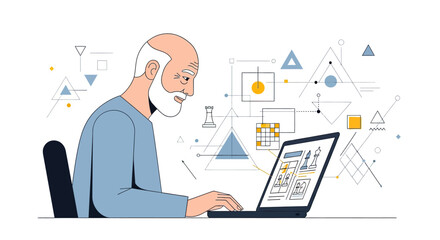 Elderly Man Playing Chess Online on Laptop with Geometric Shapes