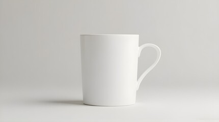 Obraz premium Sleek white mug on a calming neutral backdrop presents a clean aesthetic, perfect for showcasing branding, logos, or beverage concepts in minimalist marketing campaigns
