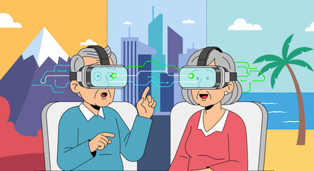 Elderly Couple Experiencing Virtual Reality Together with Futuristic Technology