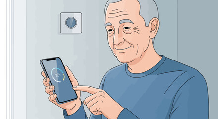 Smiling senior man using smartphone app to control smart home thermostat, modern illustration style