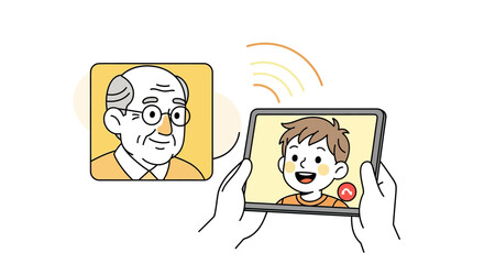 Tablet Displaying a Smiling Boy During a Video Call with Grandfather