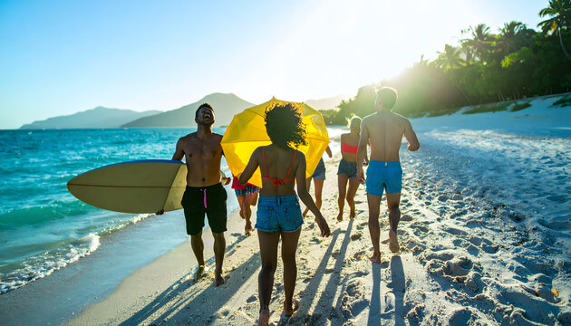 Group of friends walking on a tropical beach with surfboards and beach umbrella. - Powered by Adobe