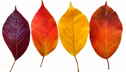 Fototapeta premium Isolated Fall Leaves In A Spectrum Of Colors As A Scene Element Yellow Orange Red And Purple Leaves As Objects For Composite Photography