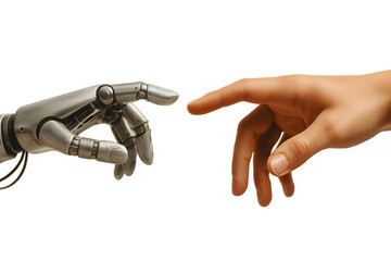 A human hand and a robotic hand reaching towards each other symbolize the connection between humans and artificial intelligence in a futuristic concept of technology and humanity.