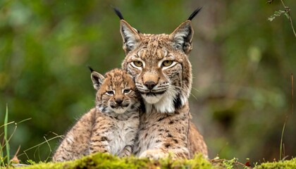 A mother and cub Eurasian lynx cuddle close together, sharing a moment of affection in their natural forest habitat