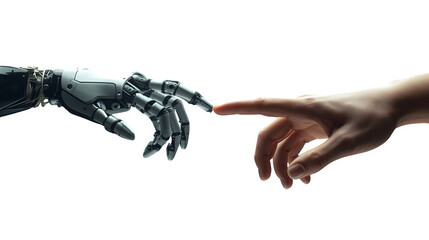 A human hand and a robotic hand reaching towards each other symbolize the connection between humans and artificial intelligence in a futuristic concept of technology and humanity.