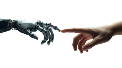 A human hand and a robotic hand reaching towards each other symbolize the connection between humans and artificial intelligence in a futuristic concept of technology and humanity.