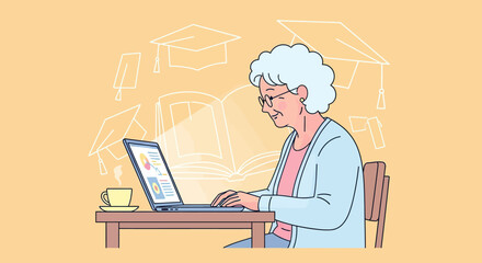 Elderly Woman Learning Online with Laptop and Coffee