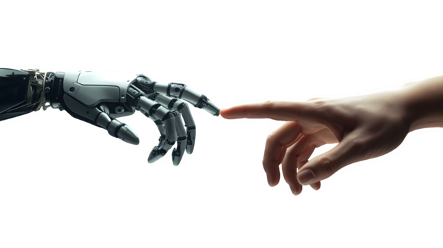 A human hand and a robotic hand reaching towards each other symbolize the connection between humans and artificial intelligence in a futuristic concept of technology and humanity.