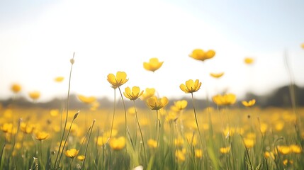 A vibrant spring meadow filled with yellow buttercups under a clear sky 
