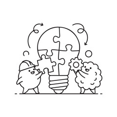 Teamwork and collaboration concept with cute characters assembling a light bulb puzzle. Simple line art illustration for brainstorming, innovation, and problem-solving.
