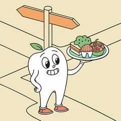Cartoon tooth character at the crossroads choosing vegetables and fruits