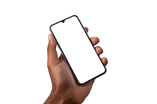 African American Man Holding Modern Smartphone with Blank White Screen for App or Website Mockup Black Background