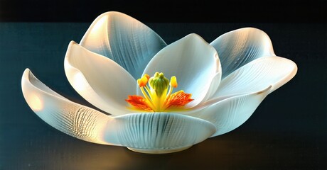 Luminous flower blooms. Delicate petals radiate from vibrant center. Soft light highlights smooth texture, creating serene beauty.