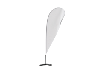 Blank white teardrop advertising banner flag on black background providing a clean and modern promotional display solution ideal for branding