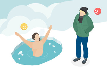 Man dipping into ice hole and man in warm clothes in winter. Healthy lifestyle. Flat isometric vector illustration.
