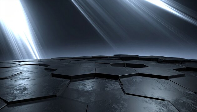 Dark, textured hexagonal platform bathed in dramatic light rays, sci-fi stage.